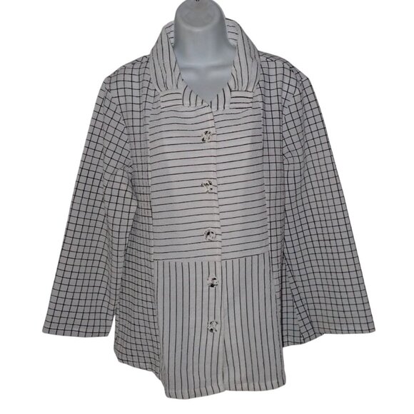 Shana Tunic M‎ Crinkle Textured Abstract Grid Print 3/4 Sleeve Artsy Top Women - Picture 1 of 7